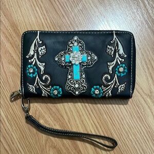 Black and Turquoise Embroidered Wristlet Wallet